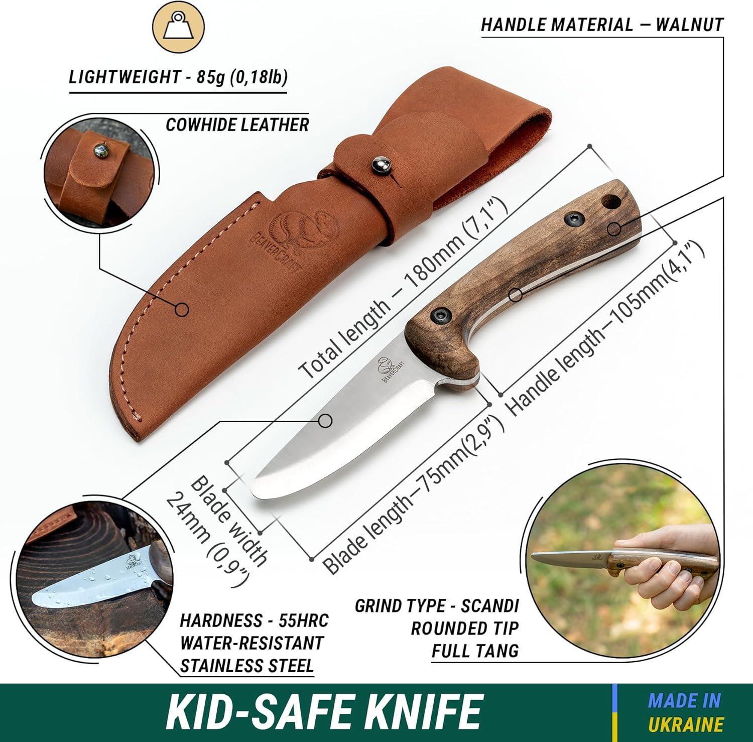 image:imageBeaverCraft Kids Boy Scout Knife Whittling Knives for Kids Safe Kid Knife with Rounded Tip amp Sheath First Bushcraft Knives for Boys 812 BSH Kid