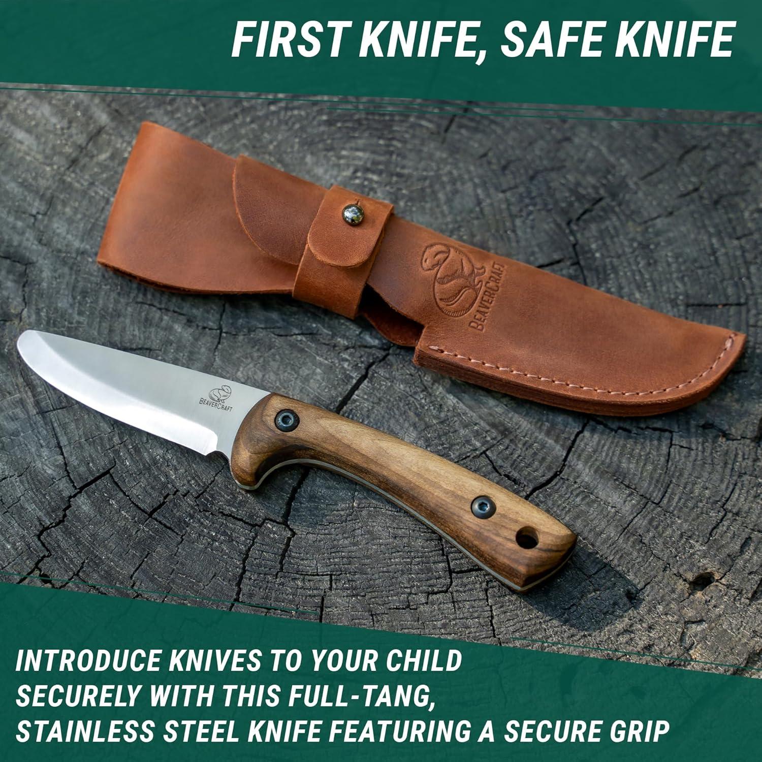 image:imageBeaverCraft Kids Boy Scout Knife Whittling Knives for Kids Safe Kid Knife with Rounded Tip amp Sheath First Bushcraft Knives for Boys 812 BSH Kid