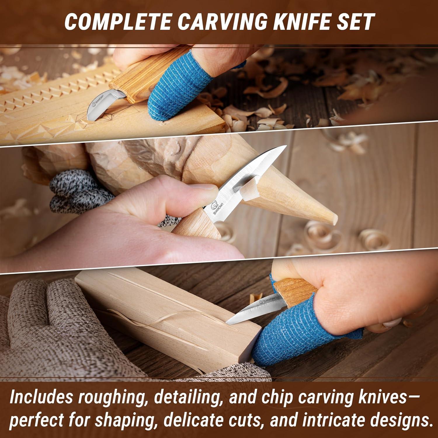 image:imageBeaverCraft Wood Carving Knife Kit S15 Whittling Kit for Beginners Kids Wood Carving Tools Set with Detail Chip Knife Sloyd Whittling Knives amp Leather Strop Polishing Compound and Tutorials