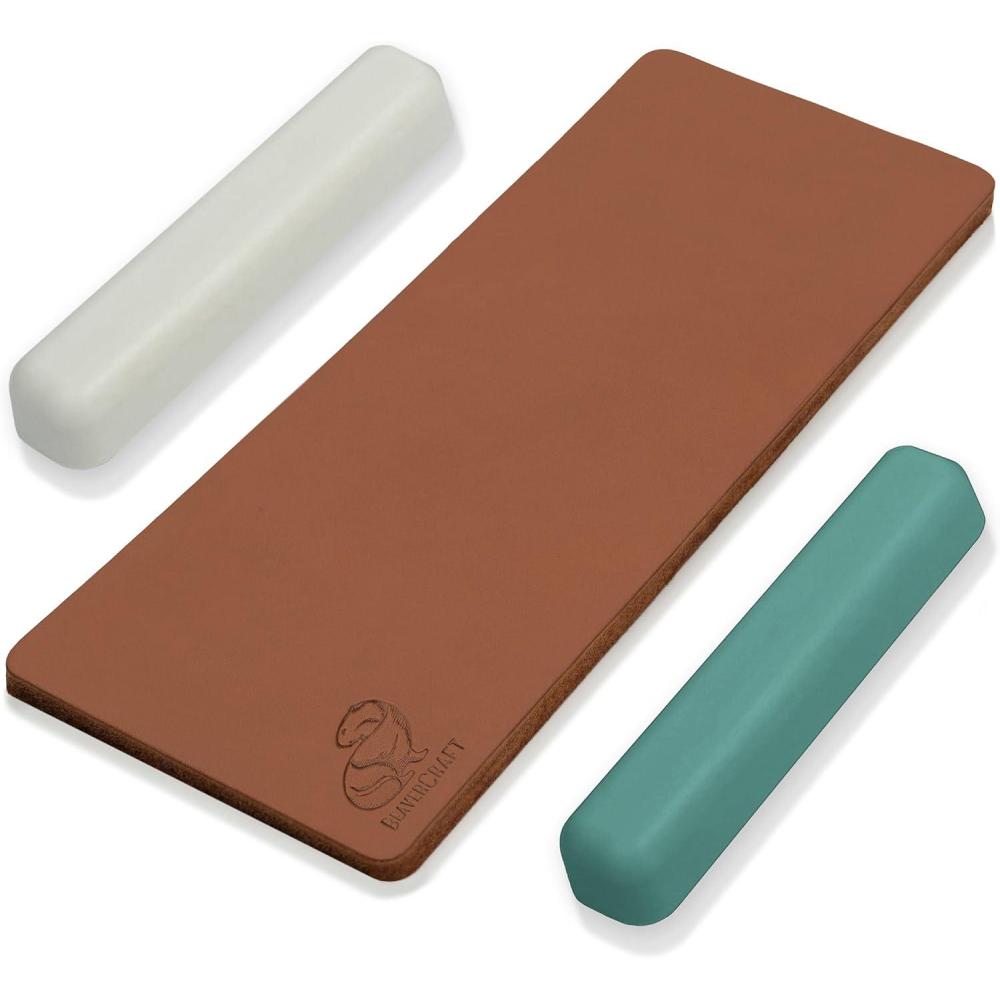 image:imageBeaverCraft Leather Strop Kit for Knife Sharpening  Knife Strop Block 8 x 3  Stropping Leather Kit LS2P11 with GreenGray amp White Polishing Compound  Knives Sharpener and Buffing Compounds