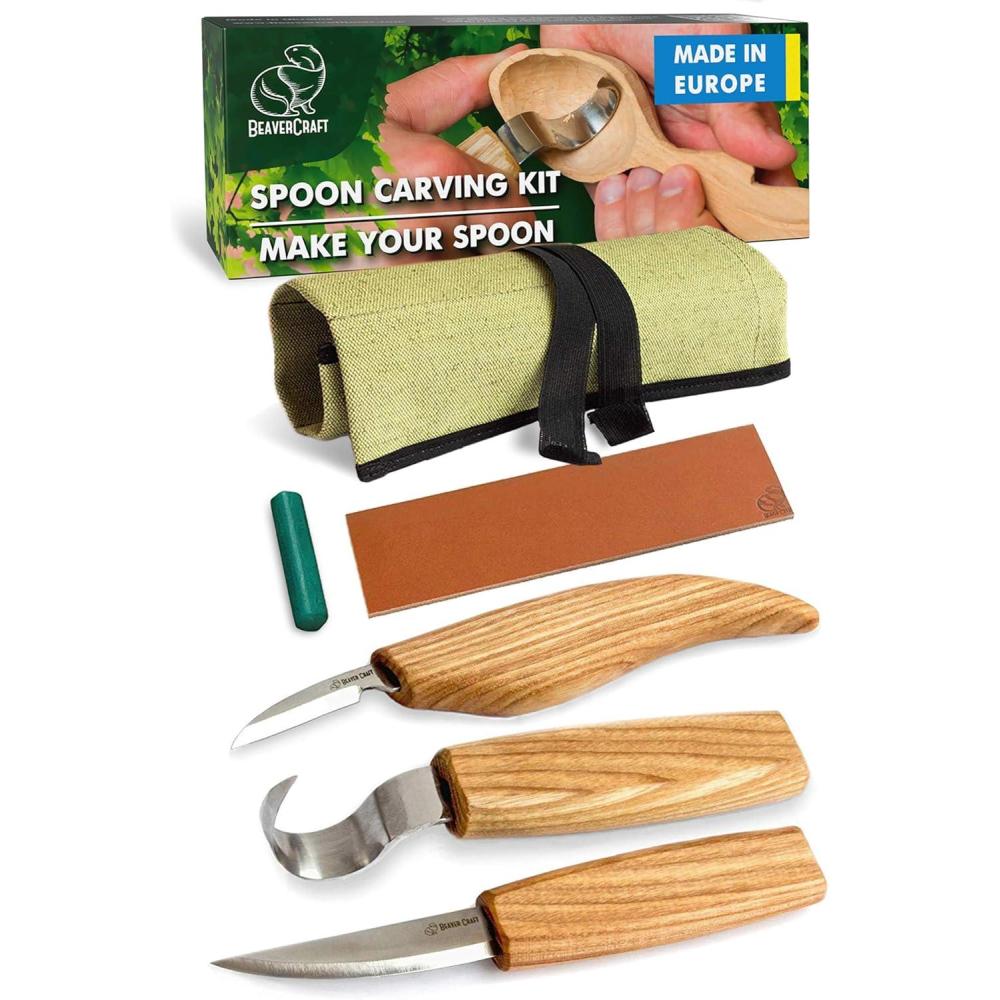 image:imageBeaverCraft S13 Wood Carving Tools Set for Spoon Carving 3 Knives Wood Carving Kit for Beginners Hook Knife Wood Carving RightHanded Spoon Carving Whittling Knives S13 RightHanded