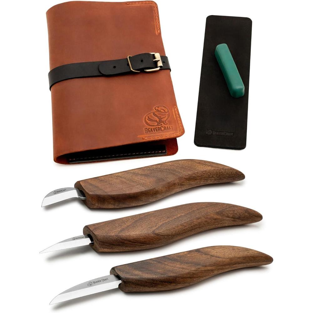image:imageBeaverCraft Wood Carving Knife Set Deluxe S15X Wood Carving Kit with Detail Chip Knife Sloyd Roughing Whittling Knives amp Leather Strop Whittling Tools Set with Leather Case for Carvers