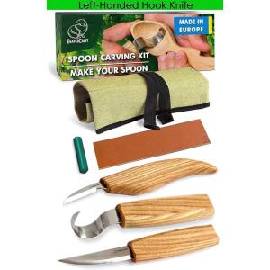 BeaverCraft S13L Wood Carving Tools Set for Spoon Carving 3 Knives in Tools Roll Leather Strop and Polishing Compound Hook Sloyd Detail Knife Left-Handed Spoon Carving Knives (S13L Left-Handed)