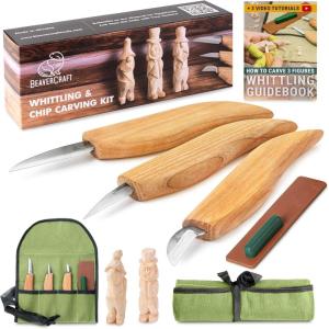 BeaverCraft Wood Carving Knife Kit S15 Whittling Kit for Beginners, Kids – Wood Carving Tools Set with Detail Chip Knife Sloyd Whittling Knives & Leather Strop, Polishing Compound and Tutorials