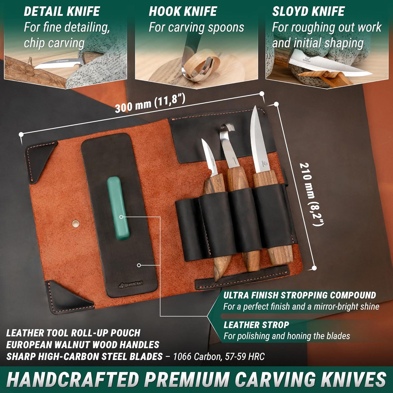 image:imageBeaverCraft Spoon Wood Carving Kit Spoon Carving Tools Set with Hook Knife Sloyd Chip Small Detail Whittling Knives S13X Deluxe Whittling Knife Set with amp Leather Strop and Leather Case