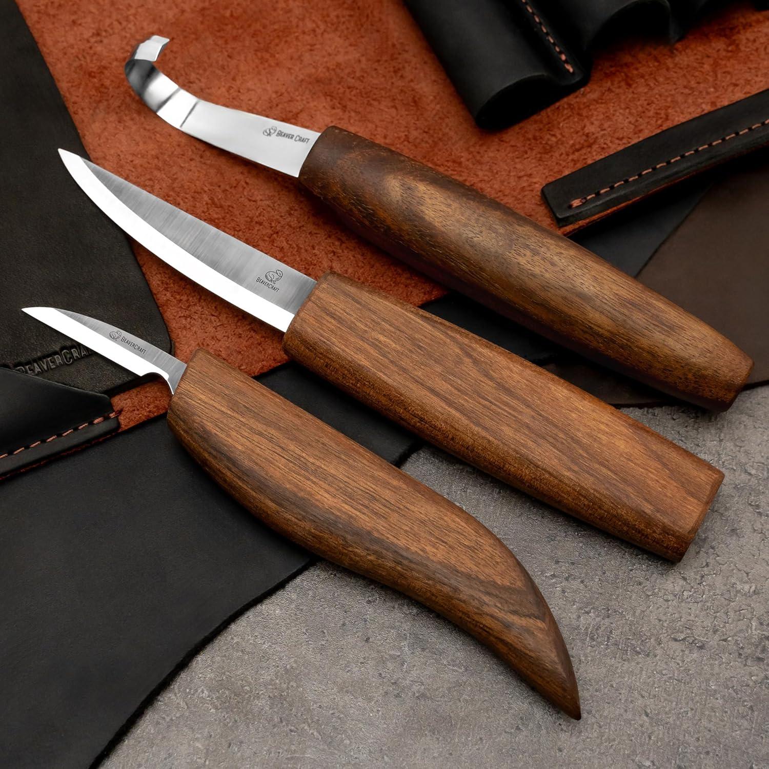 image:imageBeaverCraft Spoon Wood Carving Kit Spoon Carving Tools Set with Hook Knife Sloyd Chip Small Detail Whittling Knives S13X Deluxe Whittling Knife Set with amp Leather Strop and Leather Case