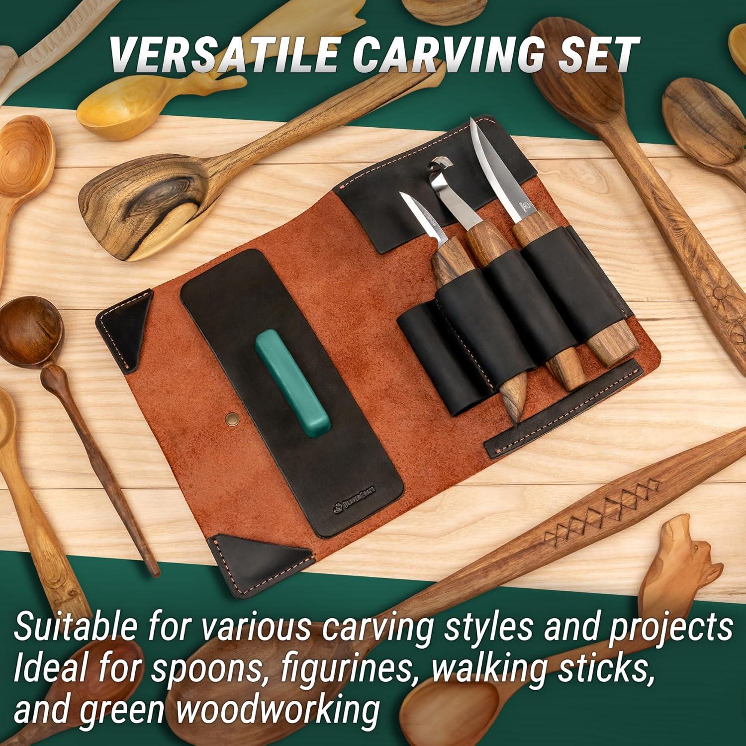 image:imageBeaverCraft Spoon Wood Carving Kit Spoon Carving Tools Set with Hook Knife Sloyd Chip Small Detail Whittling Knives S13X Deluxe Whittling Knife Set with amp Leather Strop and Leather Case