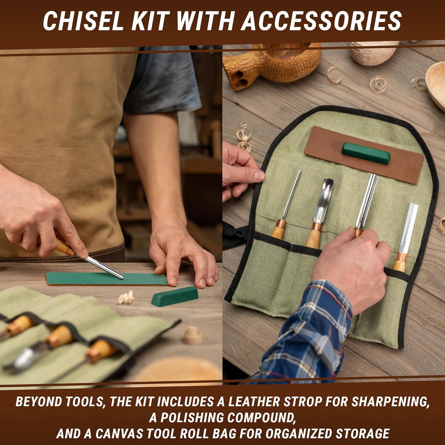 image:imageBeaverCraft Wood Carving Gouges Chisels Kit SC01 Wood Spoon Carving Chisel Set Whittling Tools Includes Radial Gouges Flat Chisel Bent Gouge Leather Strop amp Rolling PouchChisel Set