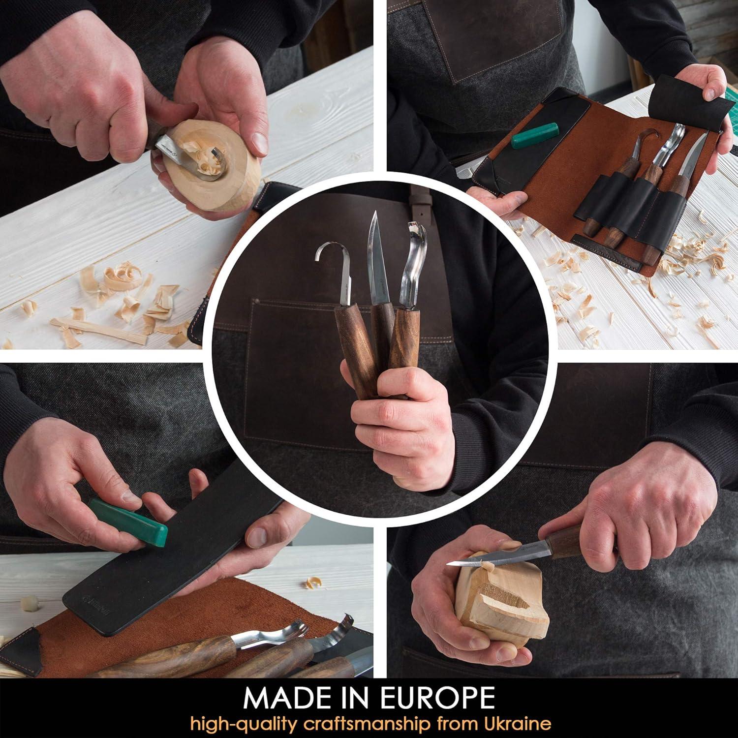 image:imageBeaverCraft Wood Spoon Carving Tools Kit S14x Deluxe Whittling Tools Set Includes Sloyd Wood Carving Knife Hook Knife Gouge Leather RollUp Case amp Leather strop with Polishing Compound