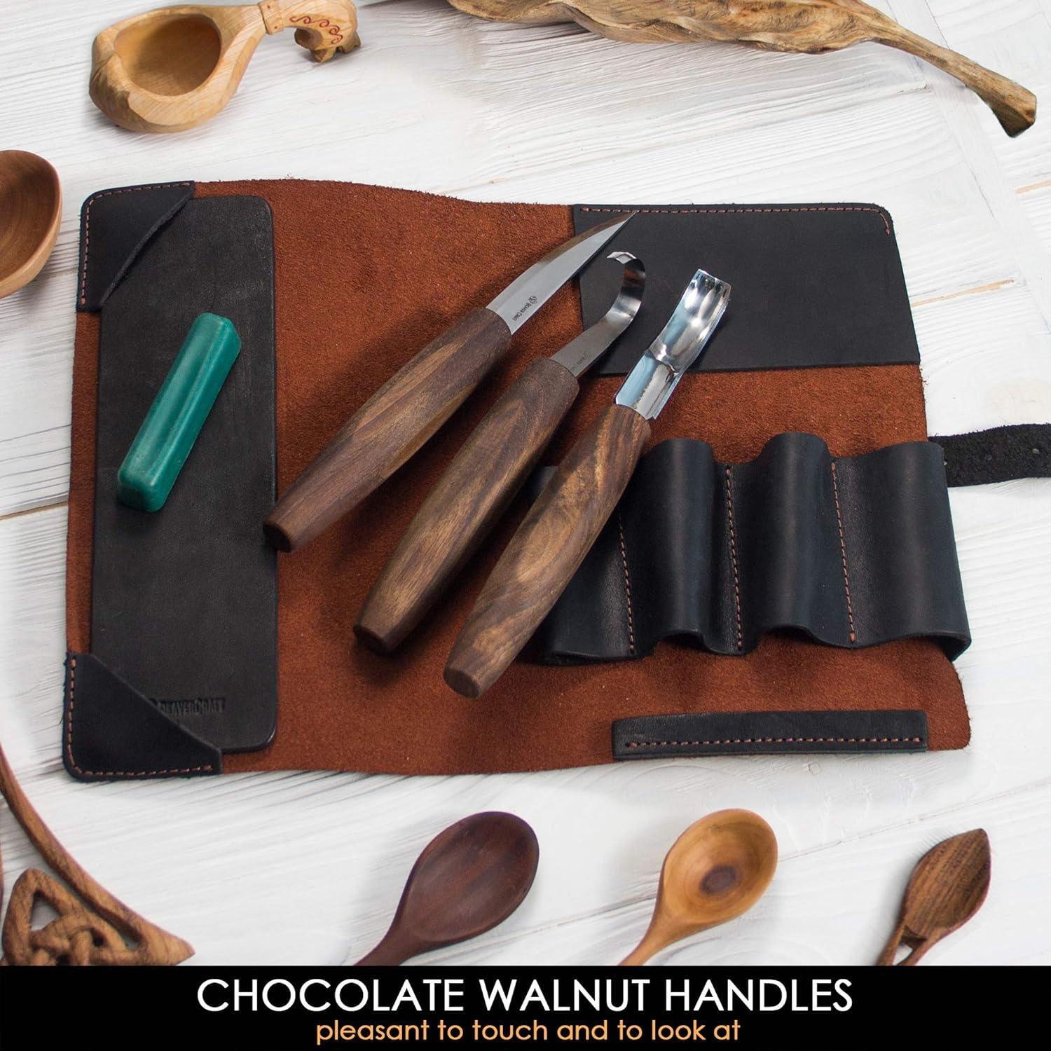 image:imageBeaverCraft Wood Spoon Carving Tools Kit S14x Deluxe Whittling Tools Set Includes Sloyd Wood Carving Knife Hook Knife Gouge Leather RollUp Case amp Leather strop with Polishing Compound
