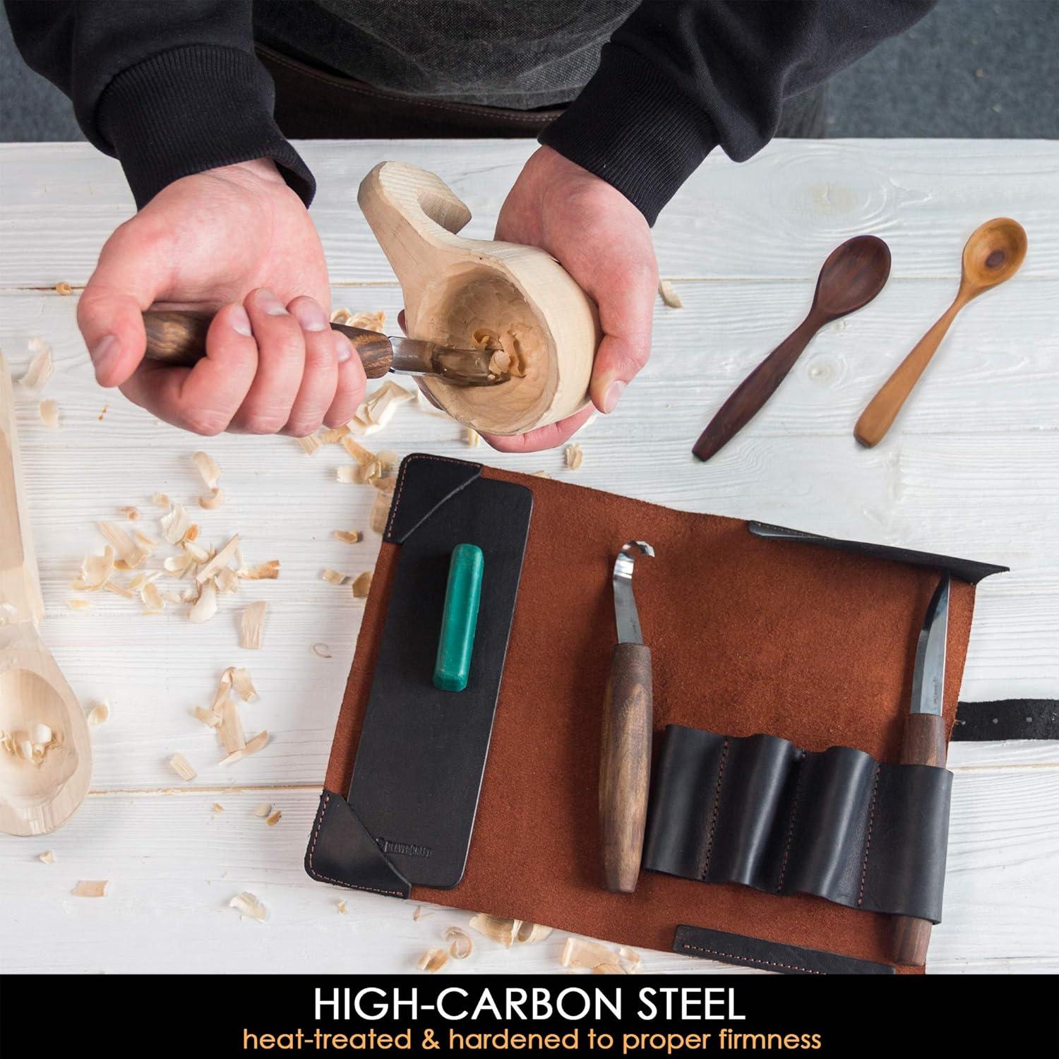 image:imageBeaverCraft Wood Spoon Carving Tools Kit S14x Deluxe Whittling Tools Set Includes Sloyd Wood Carving Knife Hook Knife Gouge Leather RollUp Case amp Leather strop with Polishing Compound