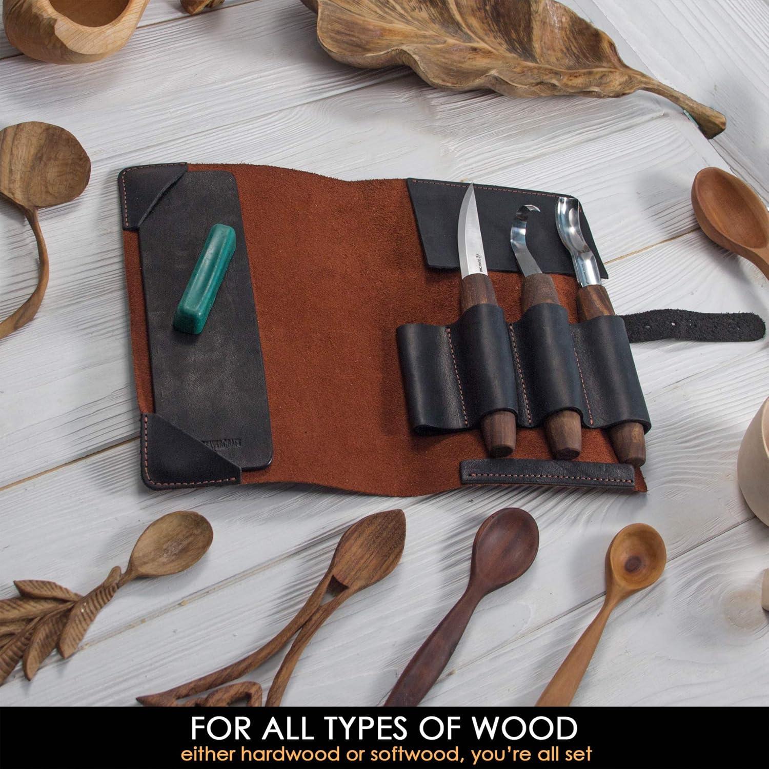 image:imageBeaverCraft Wood Spoon Carving Tools Kit S14x Deluxe Whittling Tools Set Includes Sloyd Wood Carving Knife Hook Knife Gouge Leather RollUp Case amp Leather strop with Polishing Compound