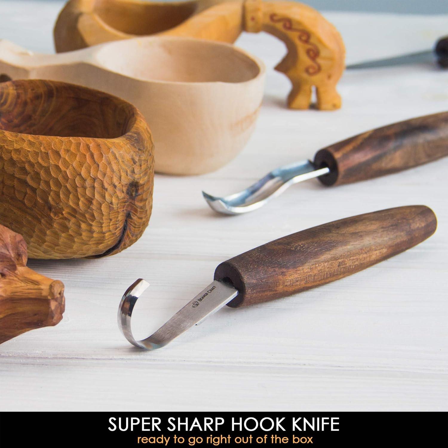 image:imageBeaverCraft Wood Spoon Carving Tools Kit S14x Deluxe Whittling Tools Set Includes Sloyd Wood Carving Knife Hook Knife Gouge Leather RollUp Case amp Leather strop with Polishing Compound