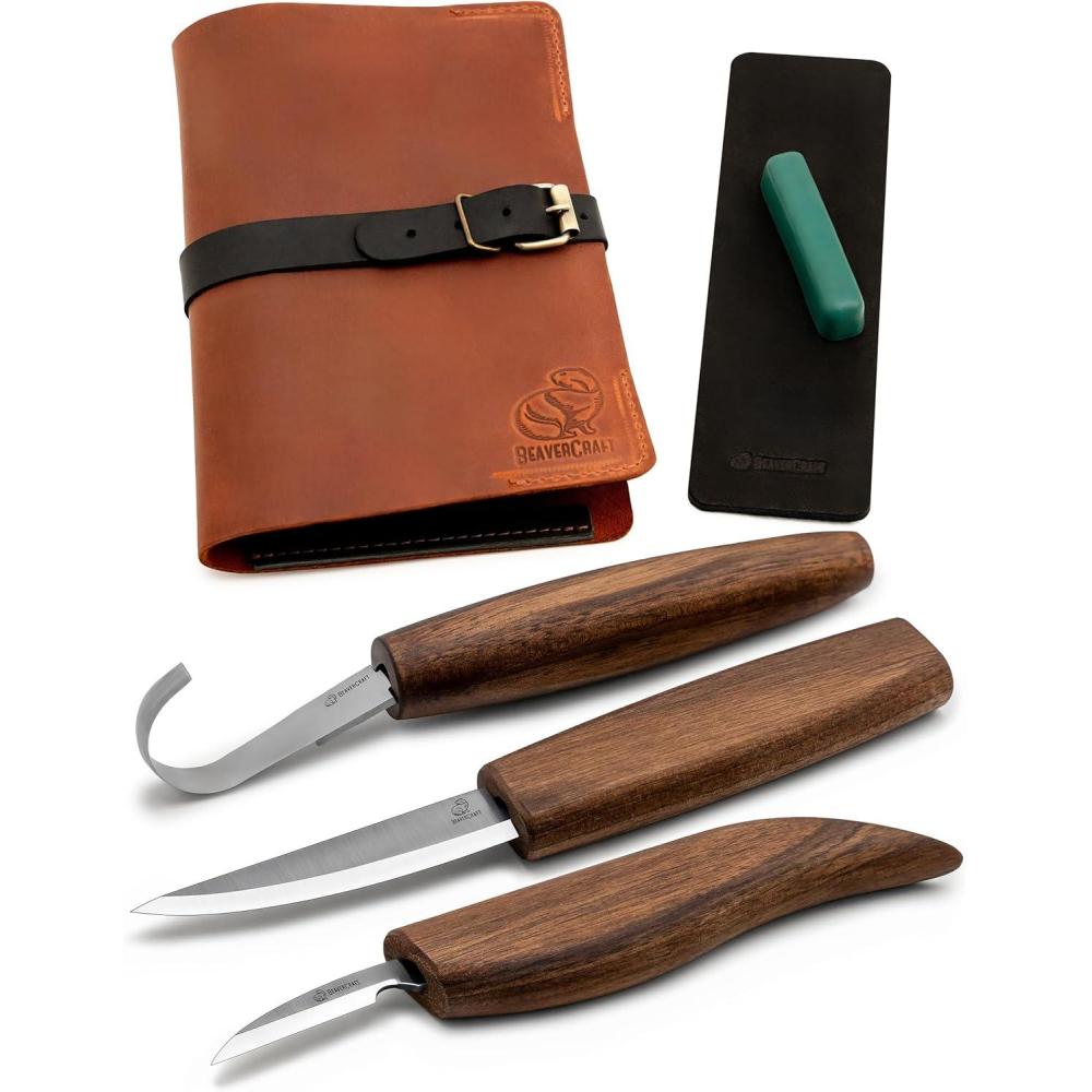 image:imageBeaverCraft Spoon Wood Carving Kit Spoon Carving Tools Set with Hook Knife Sloyd Chip Small Detail Whittling Knives S13X Deluxe Whittling Knife Set with amp Leather Strop and Leather Case