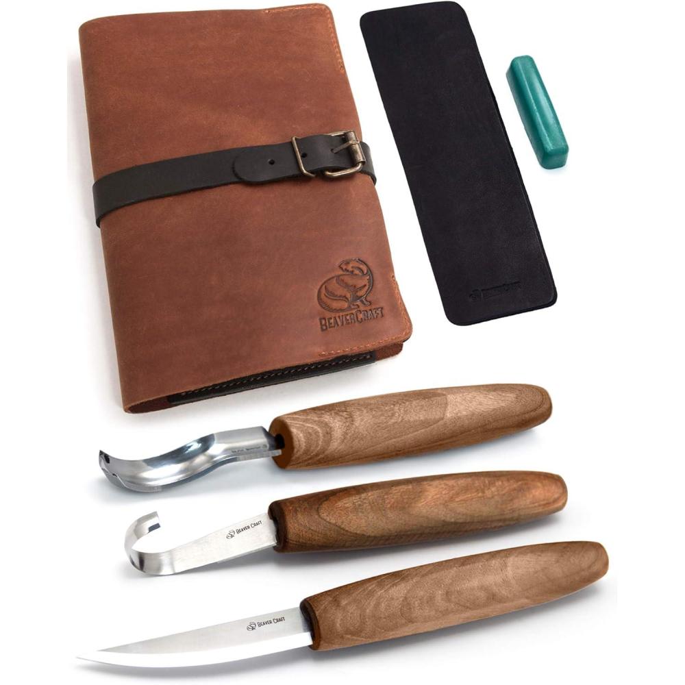 image:imageBeaverCraft Wood Spoon Carving Tools Kit S14x Deluxe Whittling Tools Set Includes Sloyd Wood Carving Knife Hook Knife Gouge Leather RollUp Case amp Leather strop with Polishing Compound