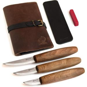 BeaverCraft Deluxe Wood Carving Kit with 3pcs High‑Carbon Steel Sloyd Knives S19x – Whittling Knife Set with Walnut Handles, Leather Tool Roll & Leather Strop, Polishing Compound – Wood Carving Tools