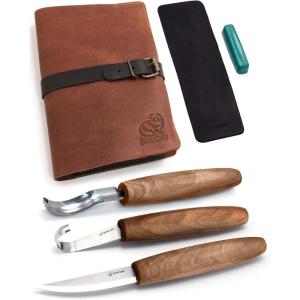 BeaverCraft Wood Spoon Carving Tools Kit S14x Deluxe – Whittling Tools Set Includes Sloyd Wood Carving Knife, Hook Knife, Gouge, Leather Roll-Up Case & Leather strop with Polishing Compound