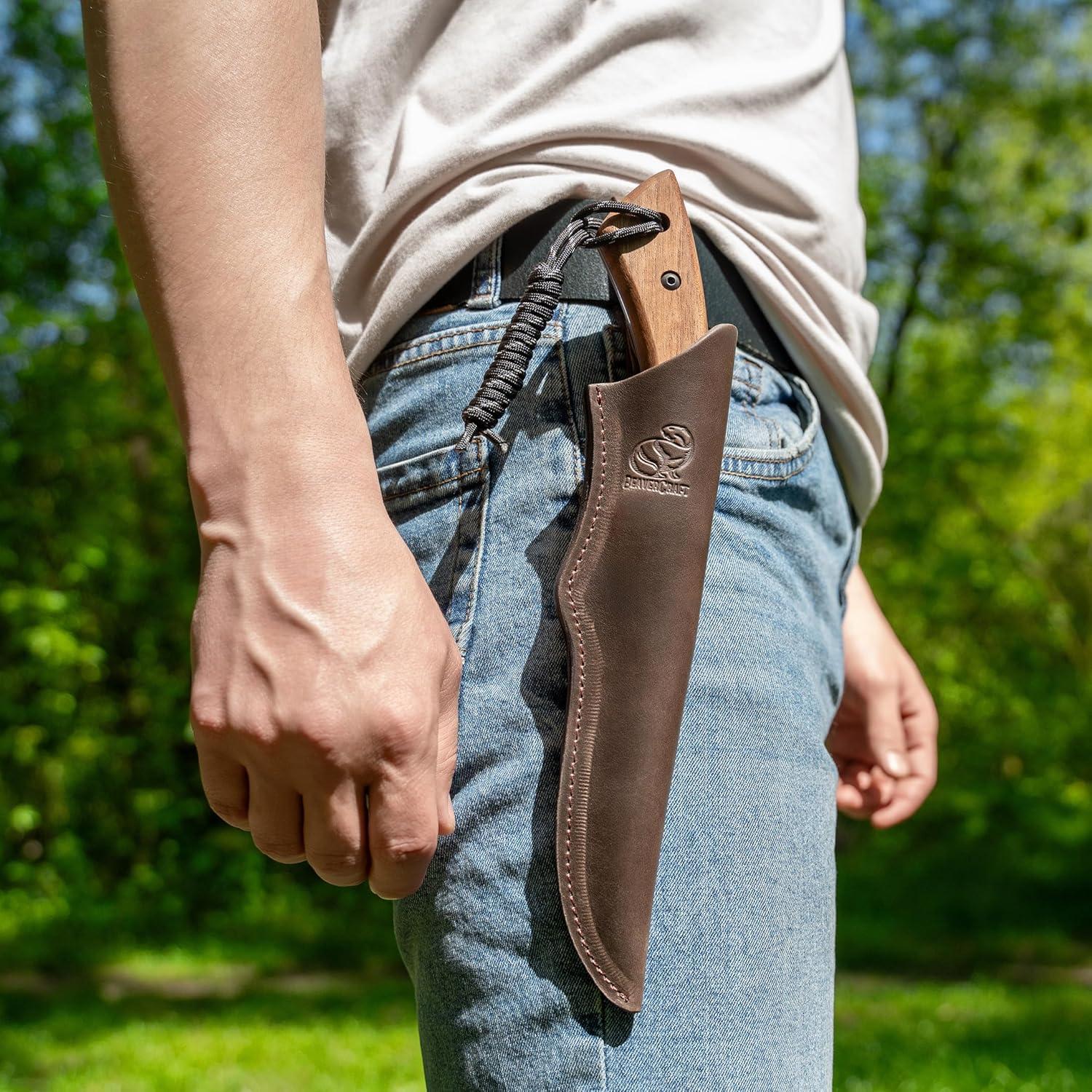 image:imageBeaverCraft Bushcraft Knife Full Tang Carbon Steel with Leather Sheath Camping Bush Knife Fixed Blade Outdoor Bushcraft Knives BSH1 Dune