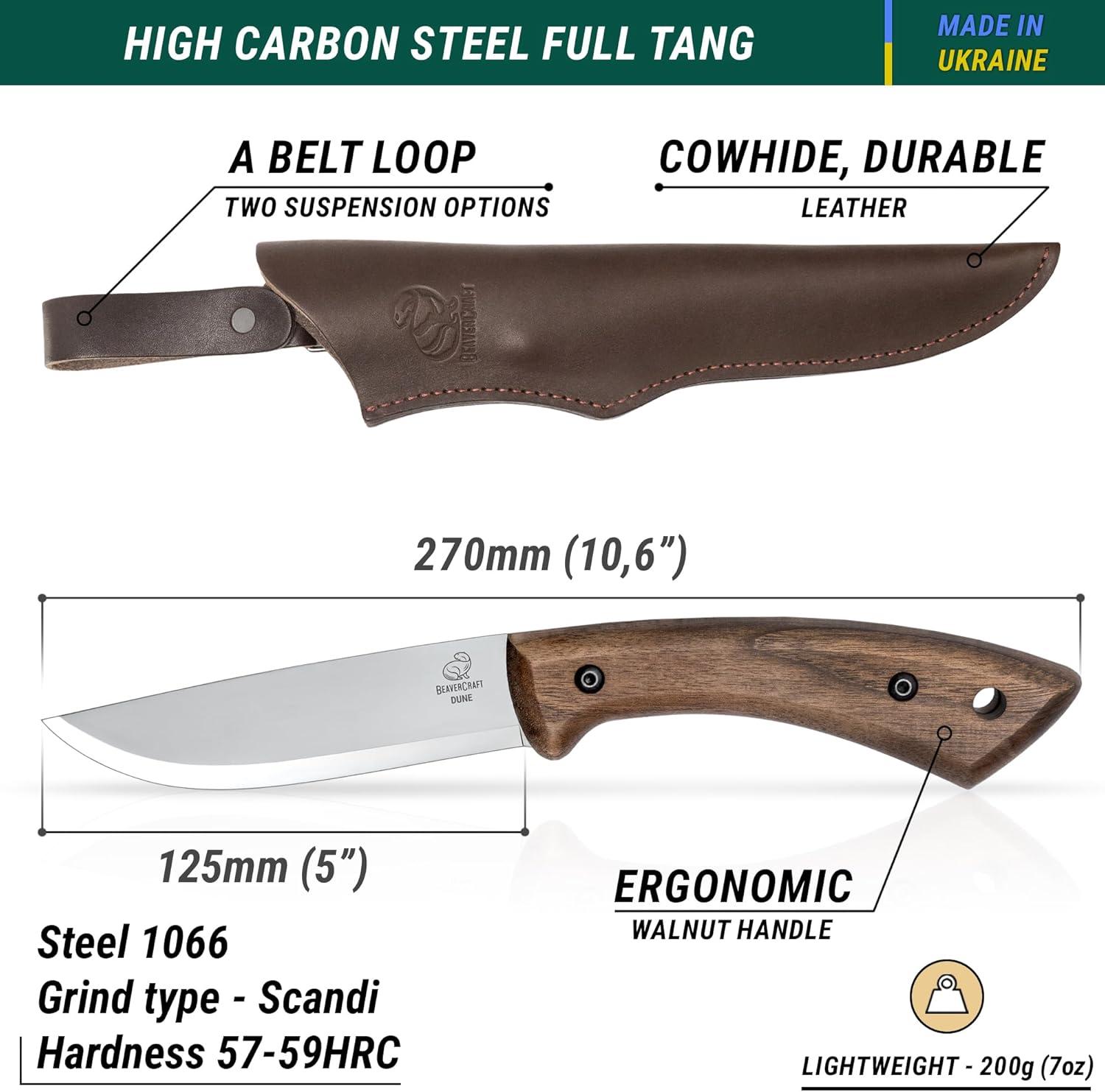 image:imageBeaverCraft Bushcraft Knife Full Tang Carbon Steel with Leather Sheath Camping Bush Knife Fixed Blade Outdoor Bushcraft Knives BSH1 Dune