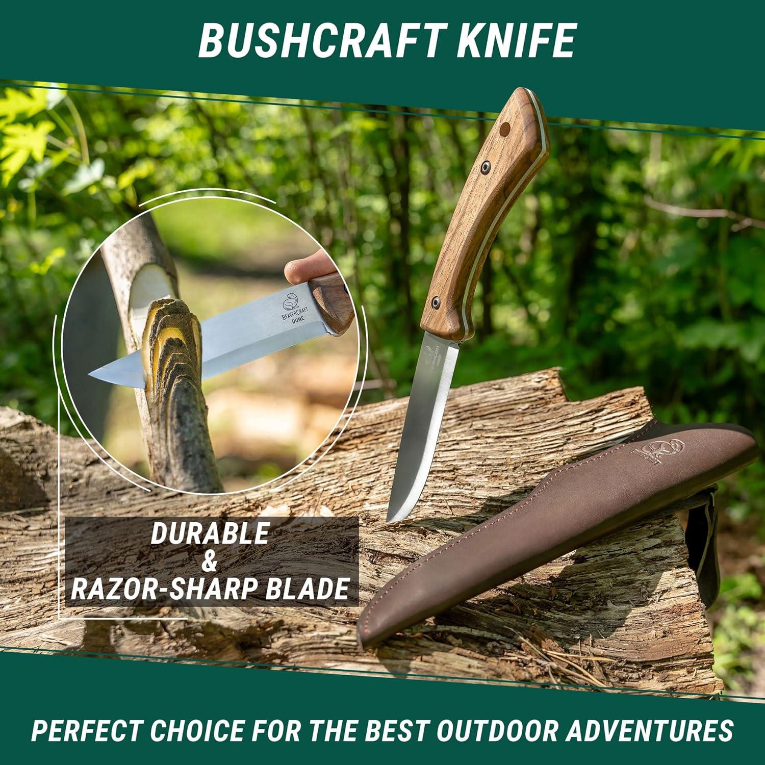 image:imageBeaverCraft Bushcraft Knife Full Tang Carbon Steel with Leather Sheath Camping Bush Knife Fixed Blade Outdoor Bushcraft Knives BSH1 Dune