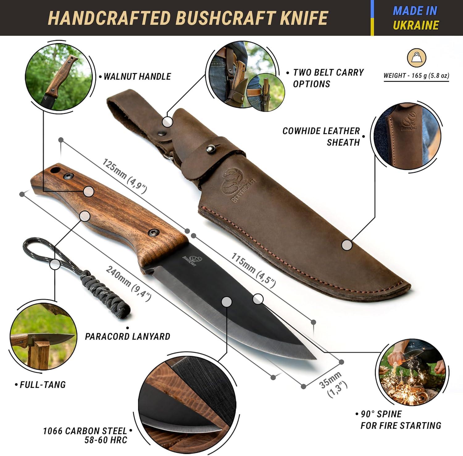 image:imageBeaverCraft Bushcraft Knife Full Tang with Leather Sheath Bush Knife Carbon Steel for Camping Survival Outdoor Knives Fixed Blade BSH3 Nightfall Bushcraft Gear Tools