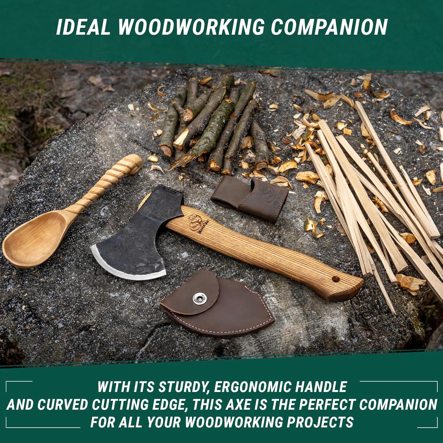 image:imageBeaverCraft Bushcraft Hatchet with Sheath for Camping AX3 Small Wood Carving Axe Forged Axes for Chopping Forest Backpacking Hatchet with Wooden Handle Firewood Splitting Axe Gardening Axes