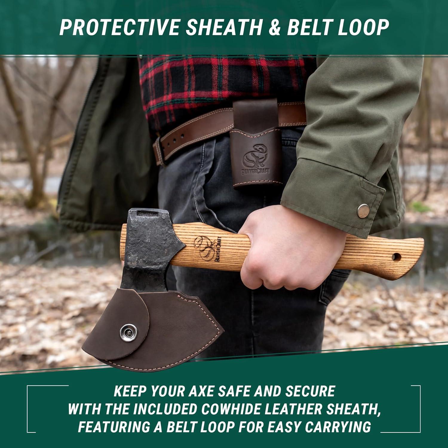 image:imageBeaverCraft Bushcraft Hatchet with Sheath for Camping AX3 Small Wood Carving Axe Forged Axes for Chopping Forest Backpacking Hatchet with Wooden Handle Firewood Splitting Axe Gardening Axes
